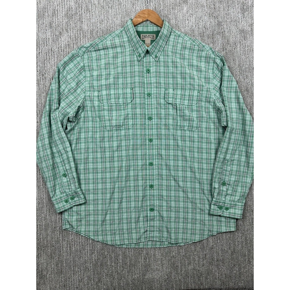 Duluth Trading Co Fishing Shirt Mens 2XLT Green Plaid Vented Long Sleeve Button